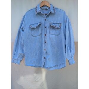 Capacity‎ Floral Denim Button Down Womens P L Blue Grandmacore Coastal Cowgirl